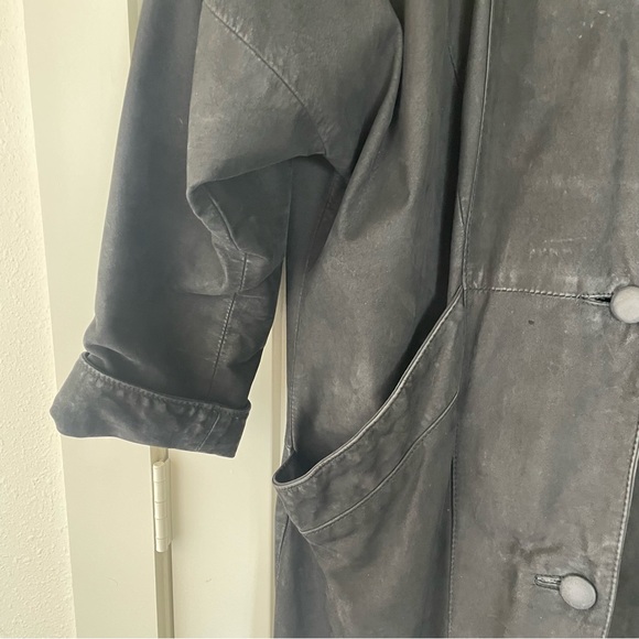 Vintage 80s Gino di Giorgio Black Leather Button Up Trench Coat Size L - Picture 4 of 16